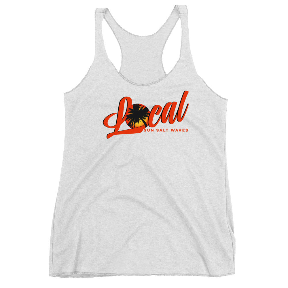 Sunset ‘Local’ Racerback Tank Sunset and Palm Silhouette Women Junior Sun Salt Waves White