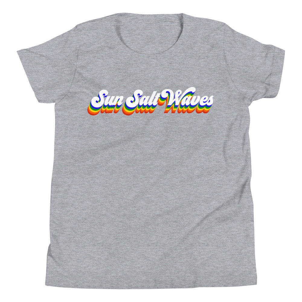 Vintage Vibes Youth Tee from Sun Salt Waves hand designed, colorful Sun Salt Waves design, reminiscent of vintage California Heather Gray