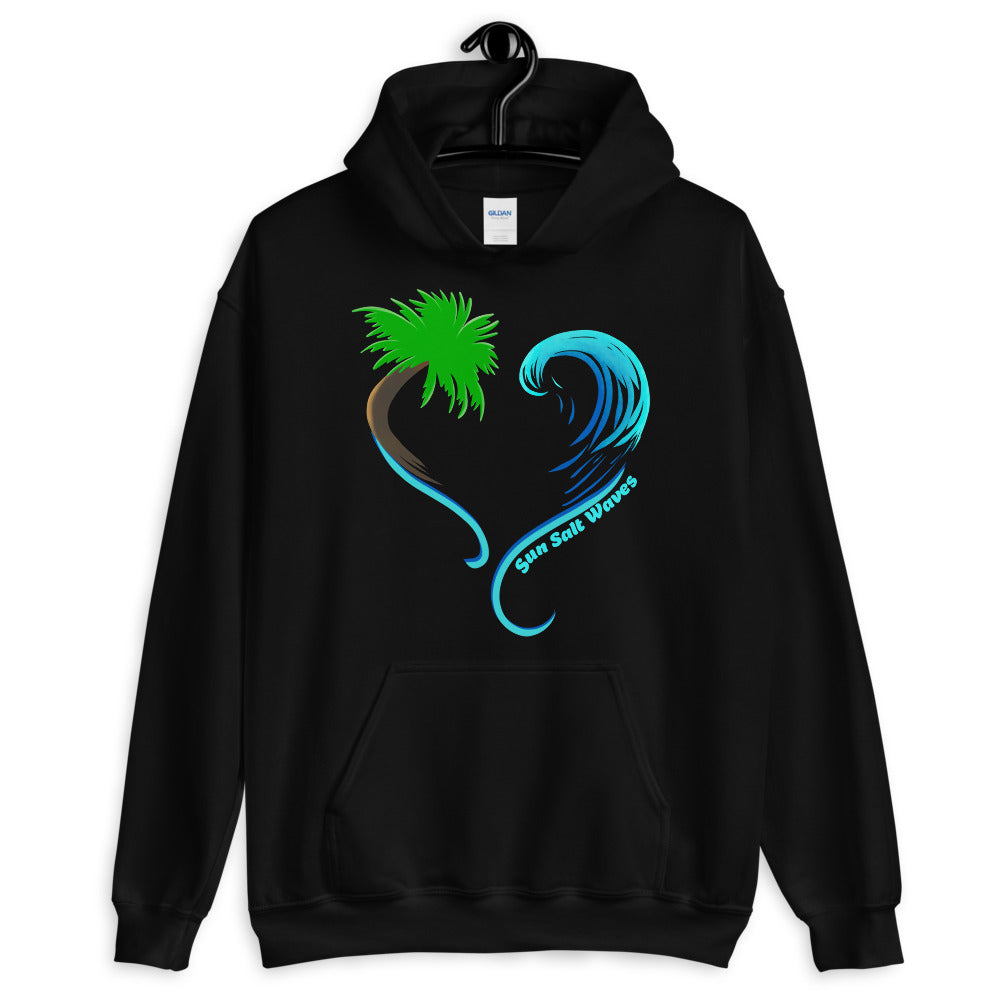 Sun Salt Waves Rising Tides Indigo Blue Hoodie Unisex Men’s Women’s Graphic Heart Shaped Multi Color Wave and Palm Silhouette Black