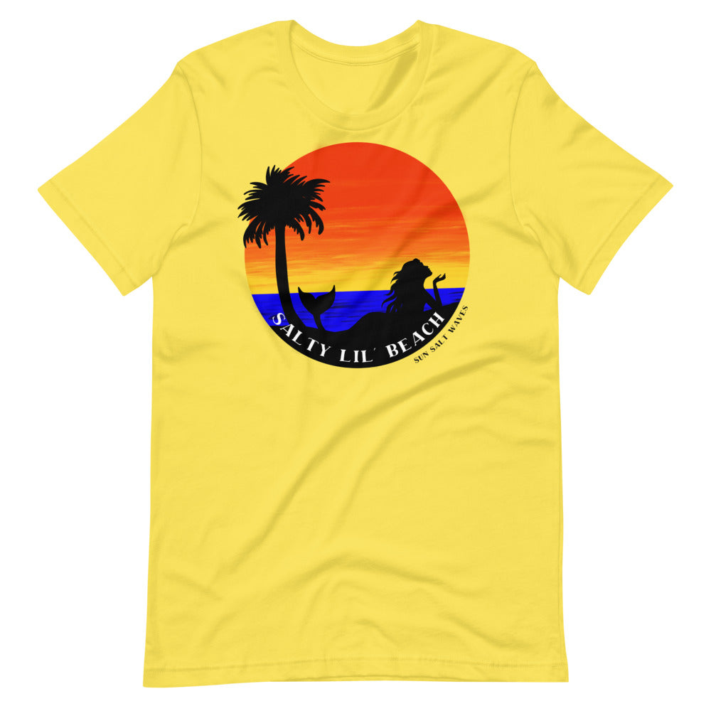 Salty Beach Tee Unisex Sun Salt Waves Mermaid and Palm Silhouette Colorful Sea and Sunset Yellow