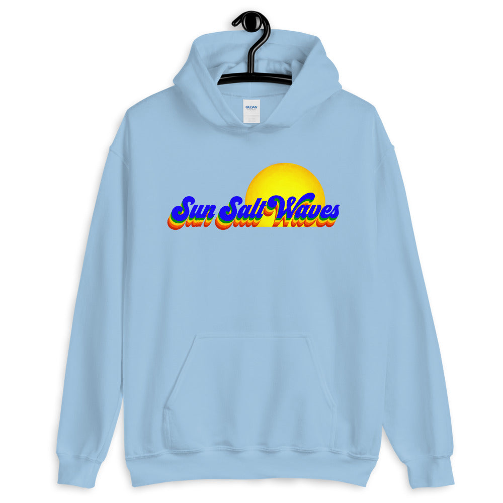 Sun Salt Waves Vintage Vibes Light Grey Hoodie Unisex Men's Women's Rainbow Sun Salt Waves with Sun in Background