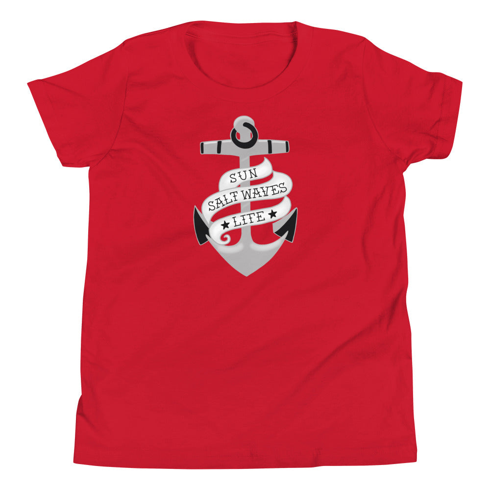 Sink or Swim Youth Tee from Sun Salt Waves vintage style, nautical anchor with a banner that reads Sun Salt Waves Life Red