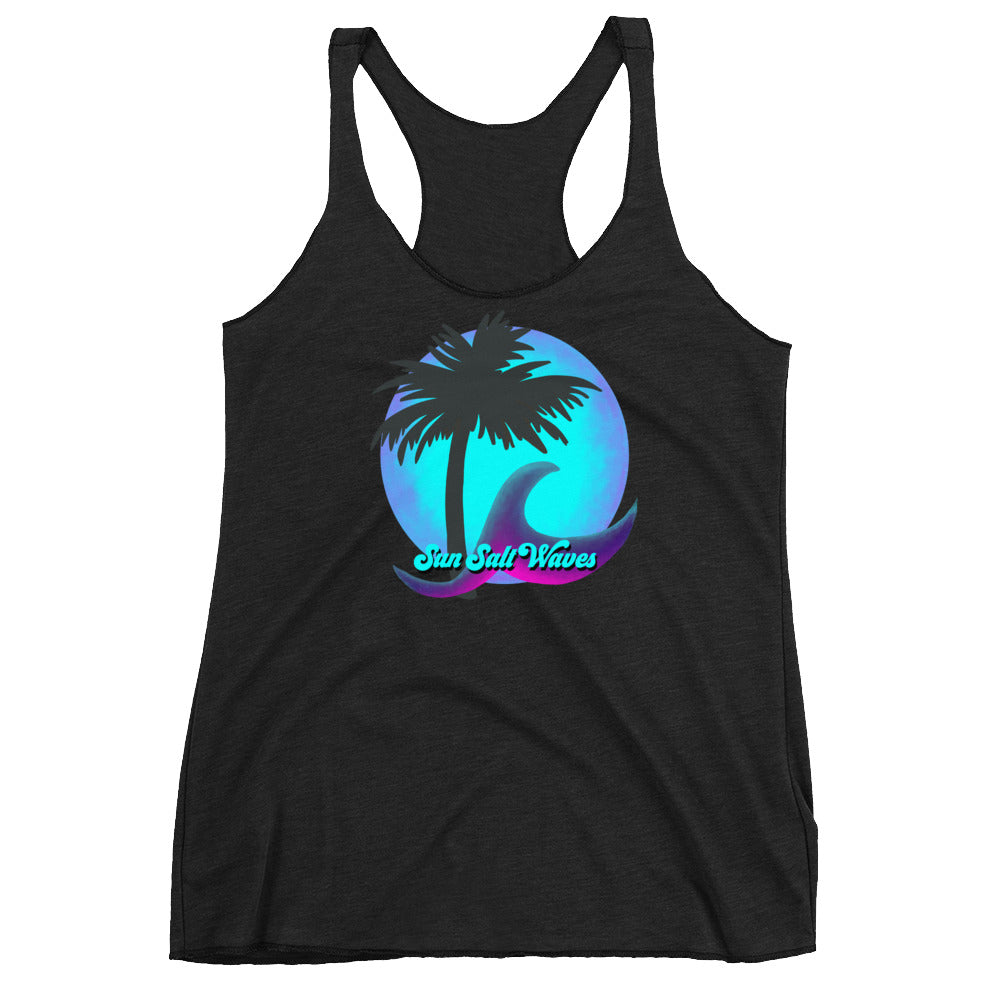 Night Moon Racerback Tank Palm Silhouette and Wave Women Junior Black