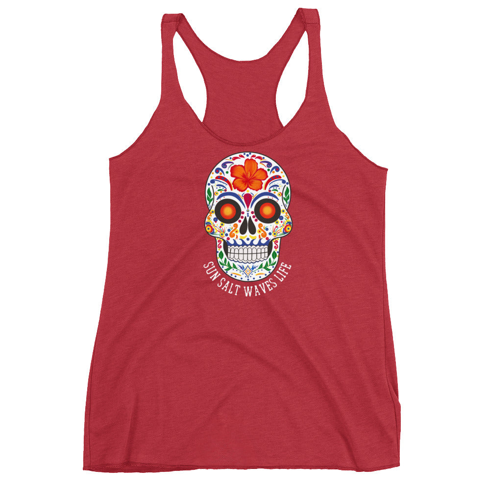 Sun Salt Waves Life Flowy Racerback Tank Graphic Tank Sugar Skull Women’s Junior’s Sun Salt Waves Red