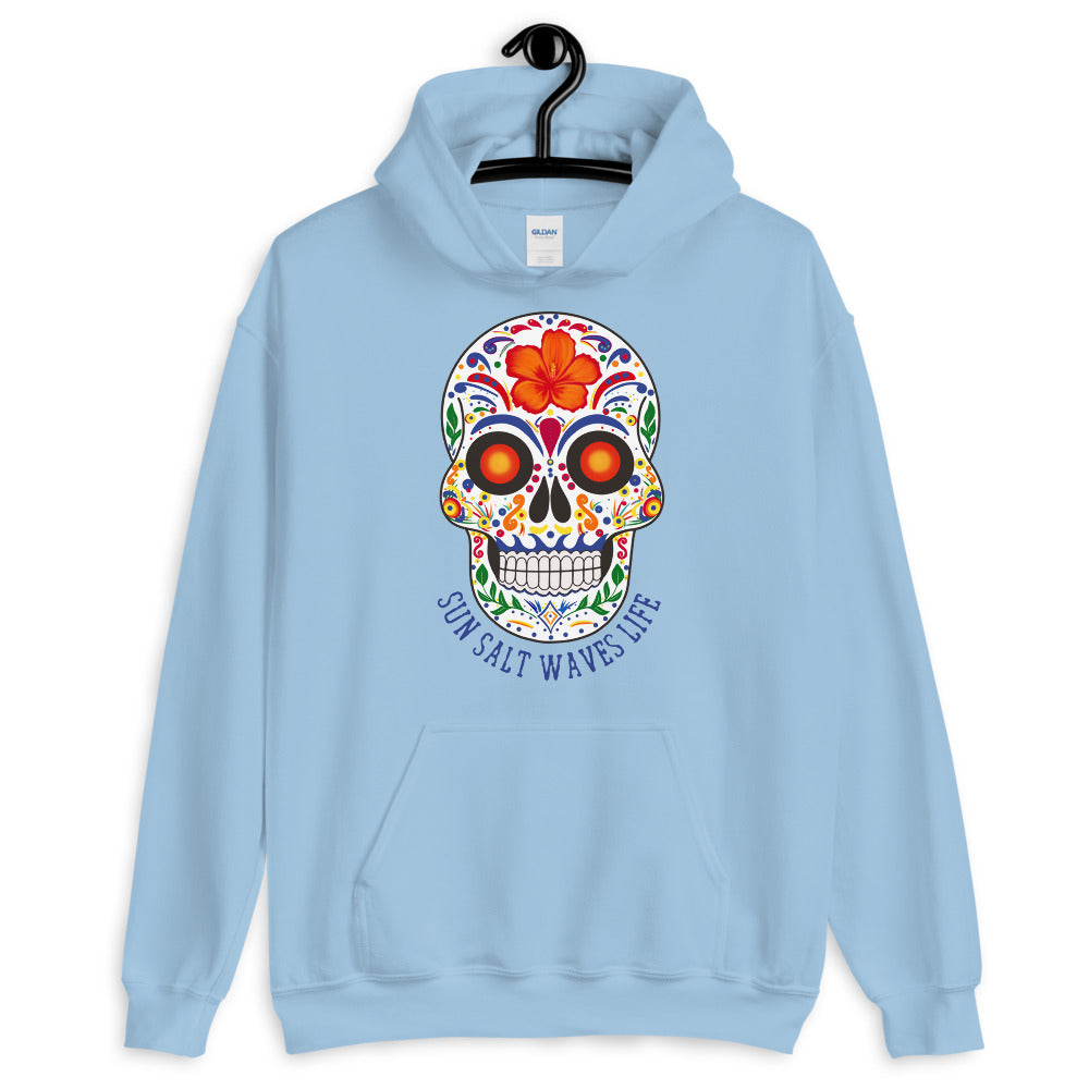 Sun Salt Waves Life Black Hoodie Unisex Men's Women's Sugar Skull Light Blue