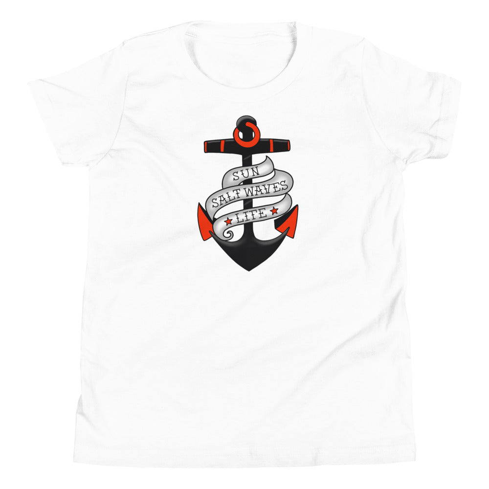 Sink or Swim Youth Tee from Sun Salt Waves vintage style, nautical anchor with a banner that reads Sun Salt Waves Life White