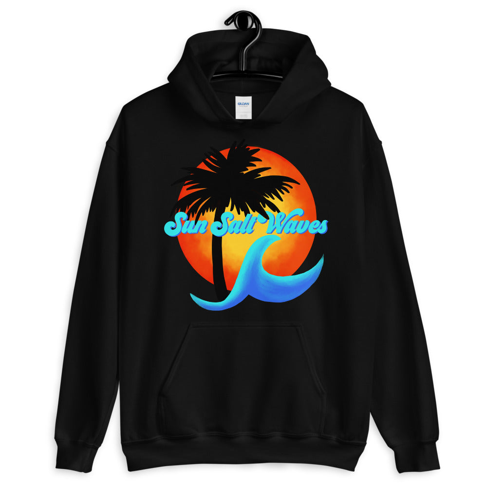 Sun Salt Waves Hoodie Unisex Graphic Local with Multi Color Wave and Sun and Palm Silhouette