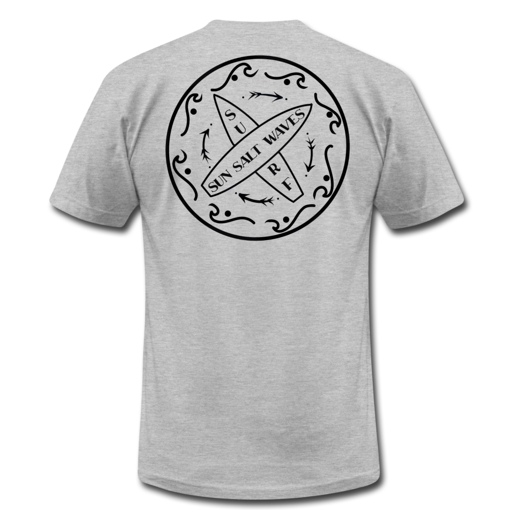 Surf School Tee - heather gray hand-designed, surf badge on the back and Sun Salt Waves on the front