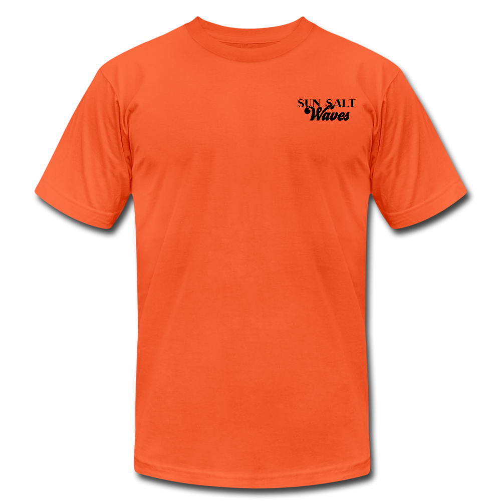 Surf School Tee - orange hand-designed, surf badge on the back and Sun Salt Waves on the front