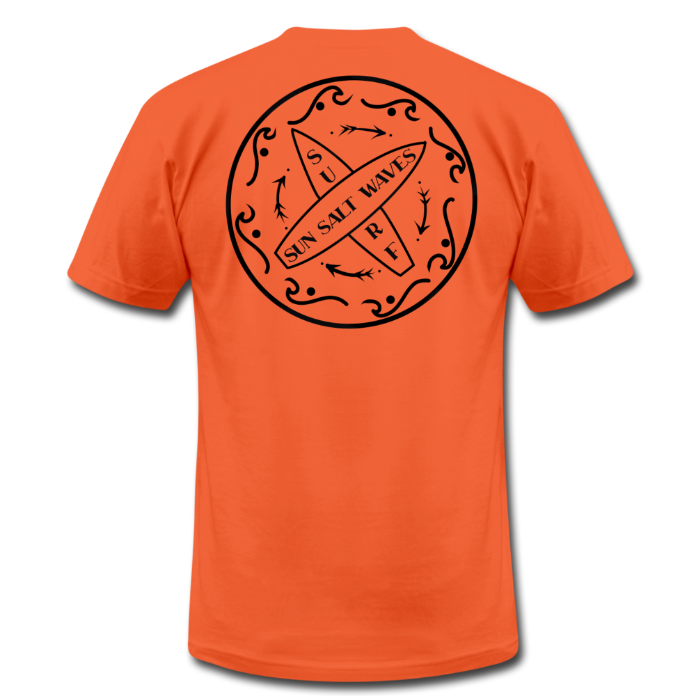 Surf School Tee - orange hand-designed, surf badge on the back and Sun Salt Waves on the front
