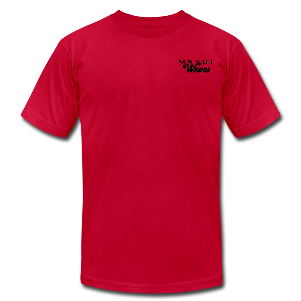 Surf School Tee - red hand-designed, surf badge on the back and Sun Salt Waves on the front
