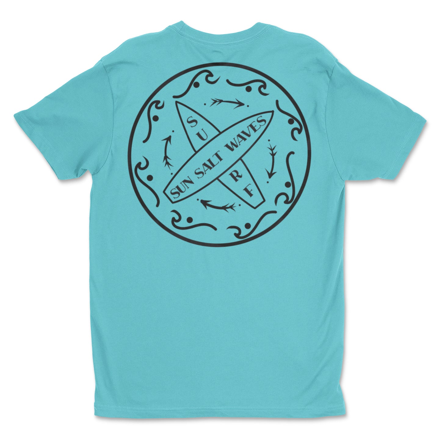 Surf School Tee - turquoise hand-designed, surf badge on the back and Sun Salt Waves on the front