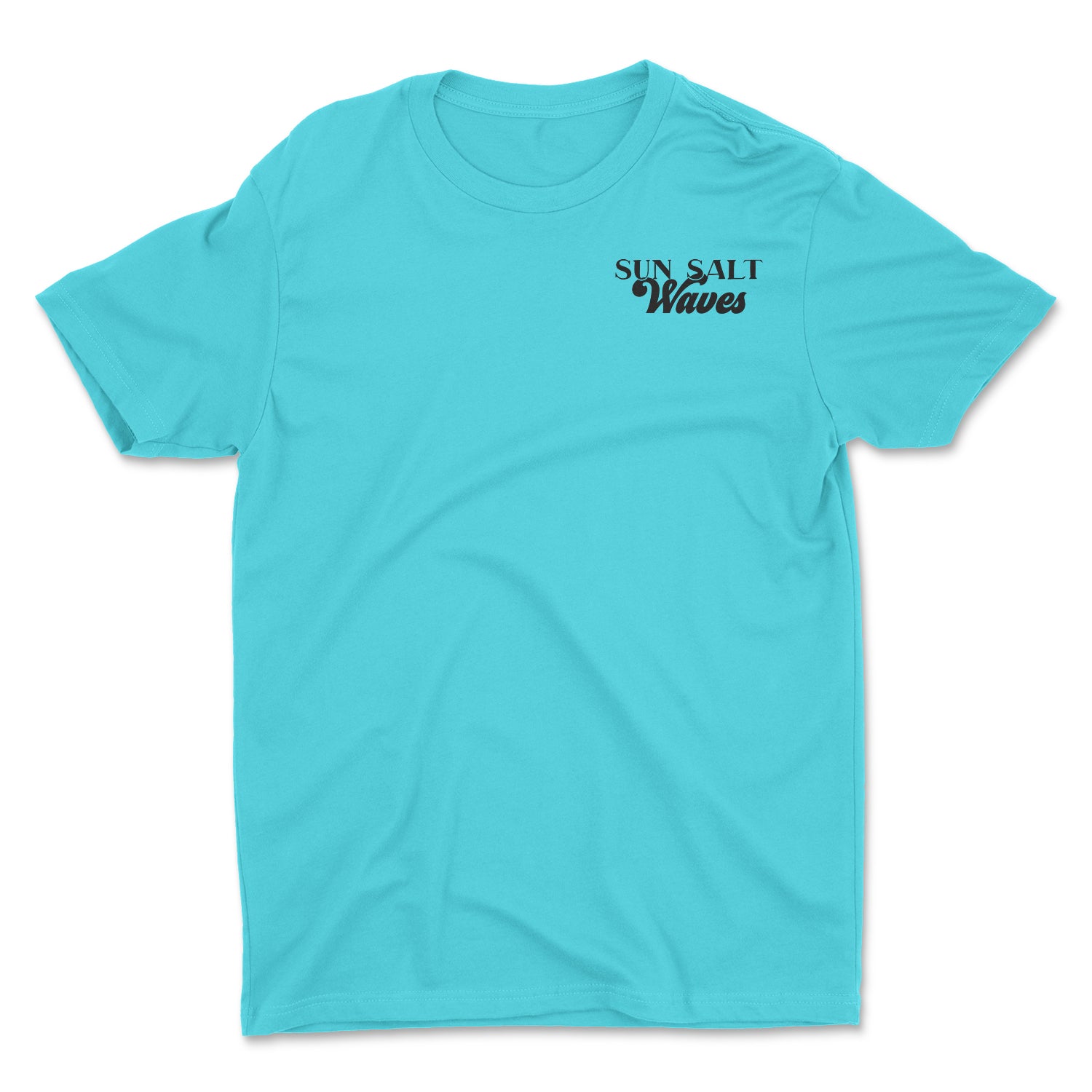 Surf School Tee - turquoise hand-designed, surf badge on the back and Sun Salt Waves on the front