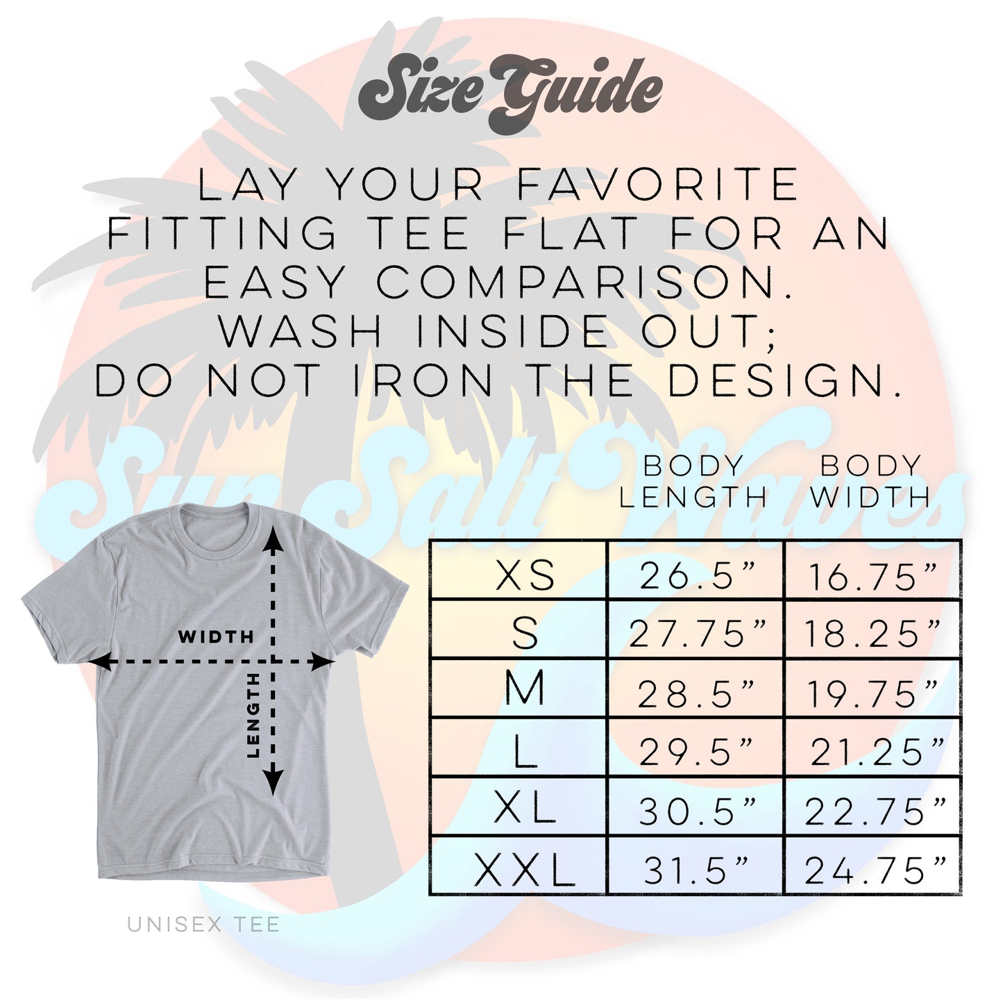 Size guide and washing instructions