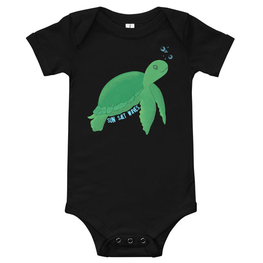 Back to the Sea Onesie from Sun Salt Waves features our adorable, beach ready, sea turtle design Black infants, boy and girl, baby, short sleeve, 