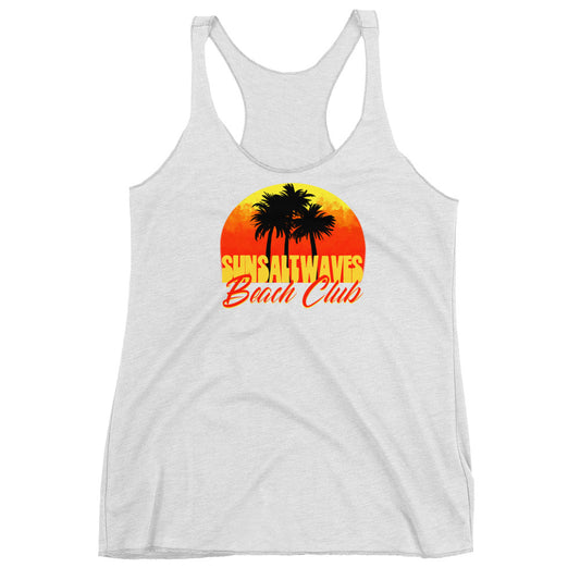 Beach Club Racerback Tank Sun Salt Waves Sunset and Palm Silhouettes Junior Women White Athleisure