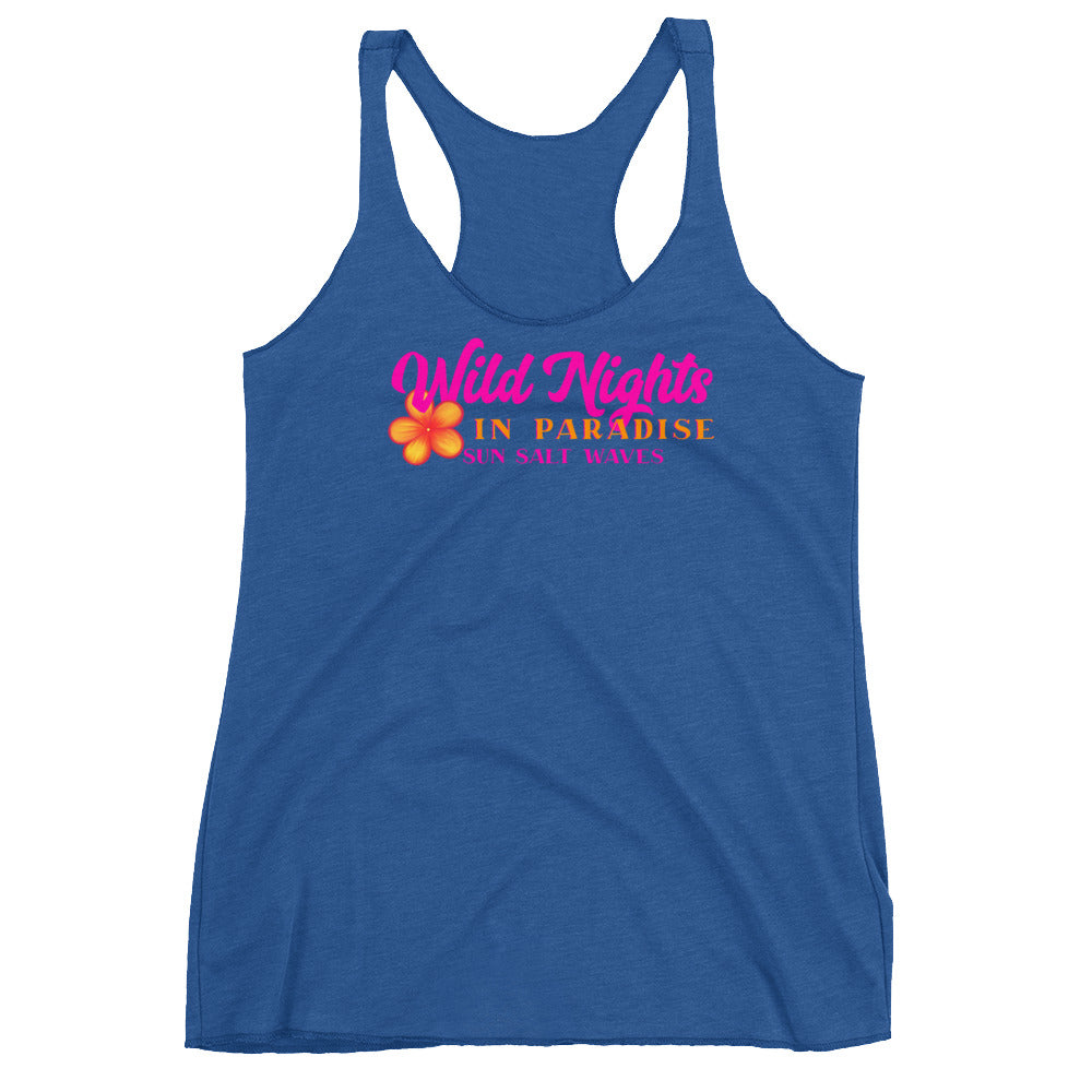 Wild Nights in Paradise Racerback Tank from Sun Salt Waves Colorful Plumeria and Typography Royal Blue
