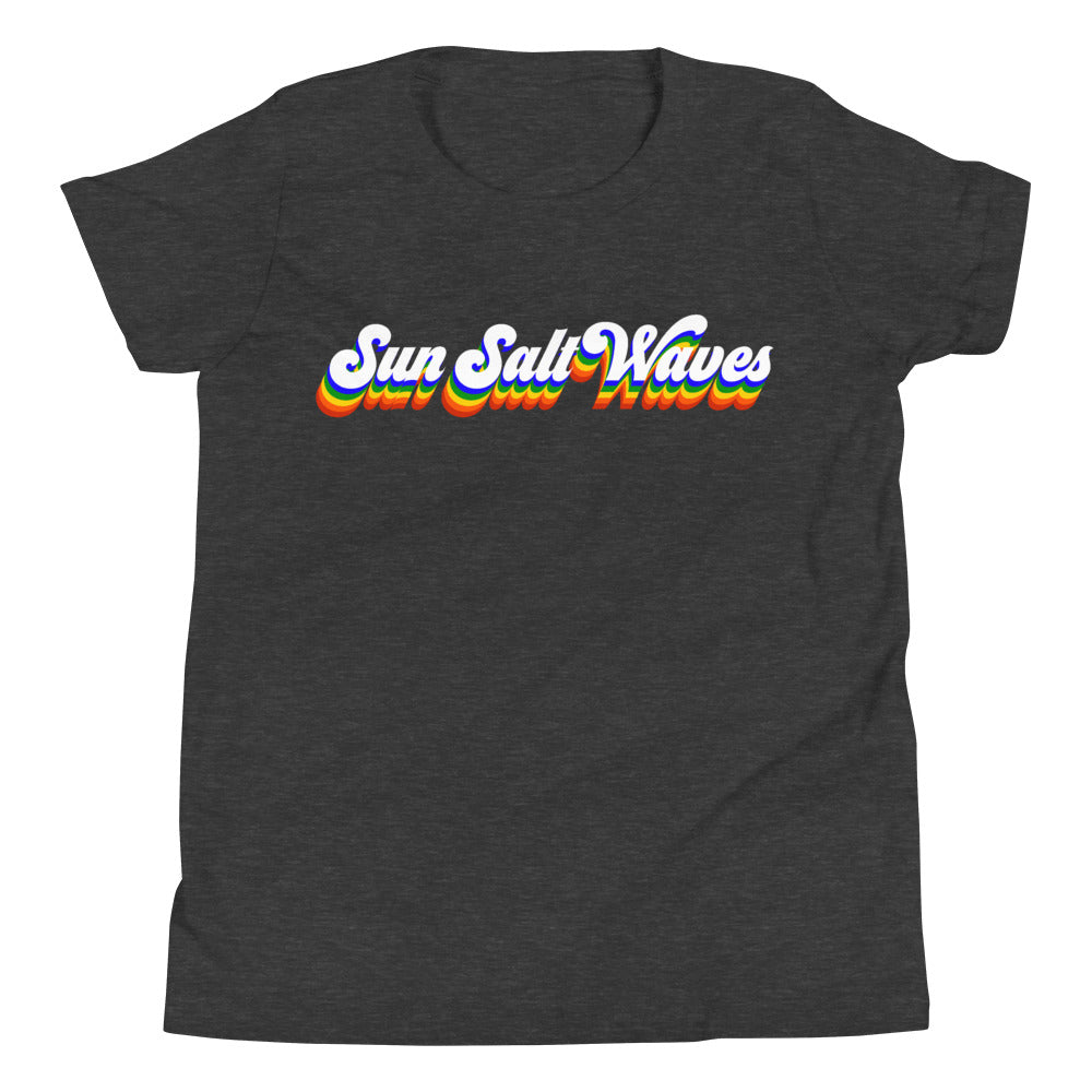 Vintage Vibes Youth Tee from Sun Salt Waves hand designed, colorful Sun Salt Waves design, reminiscent of vintage California Heather Charcoal 