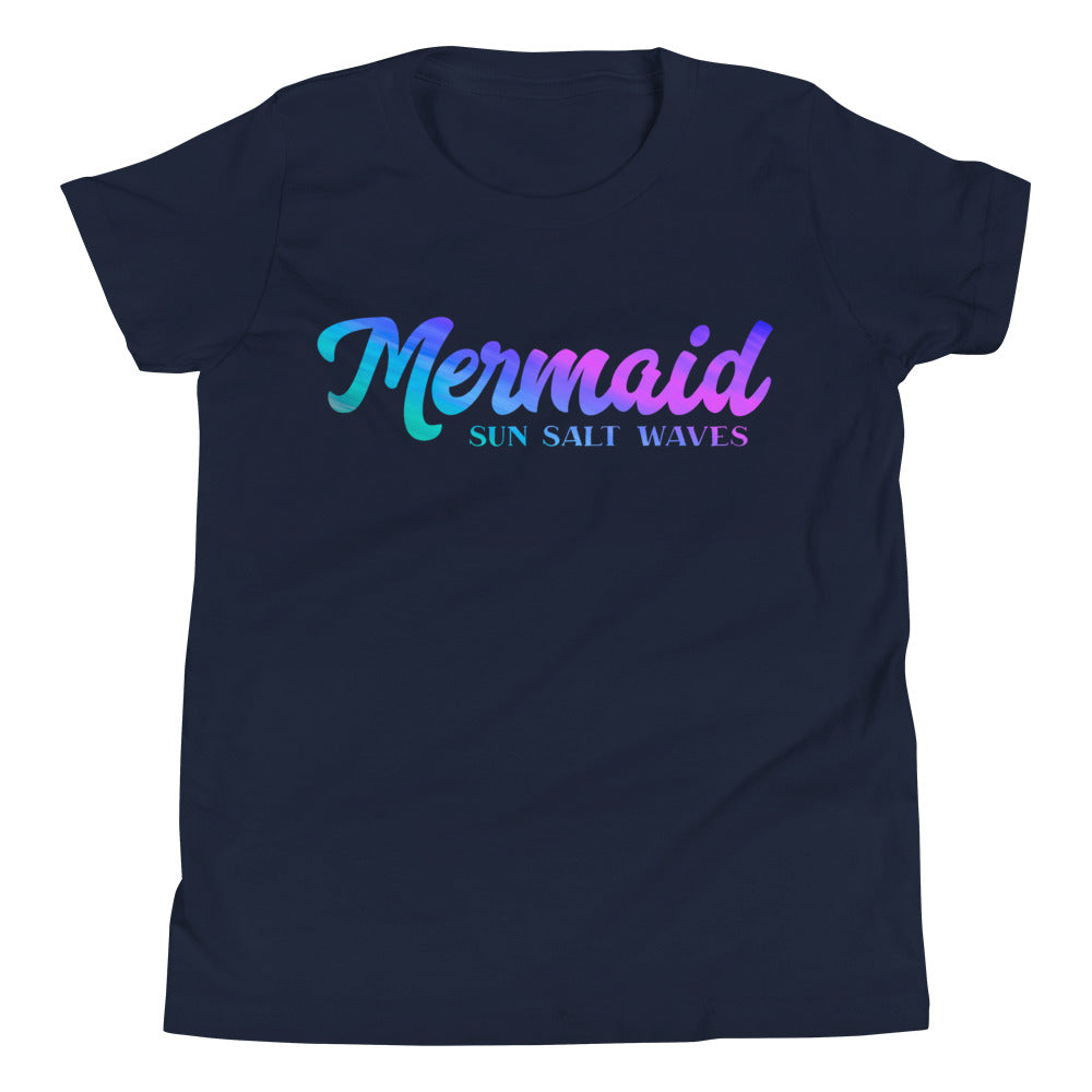 Mermaid Youth Tee from Sun Salt Waves Colorful Mermaid Script Navy