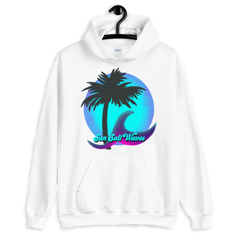 Sun Salt Waves Night Moon White Hoodie Unisex Men’s Women’s Graphic Moon Multi Color Wave and Palm Silhouette