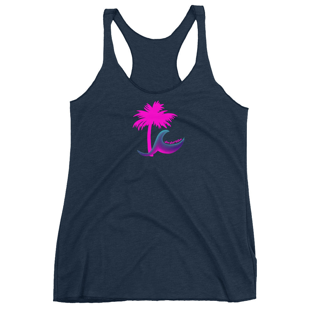 Paradise Palm Racerback Tank Hot Pink Palm and Multicolored Wave Navy 