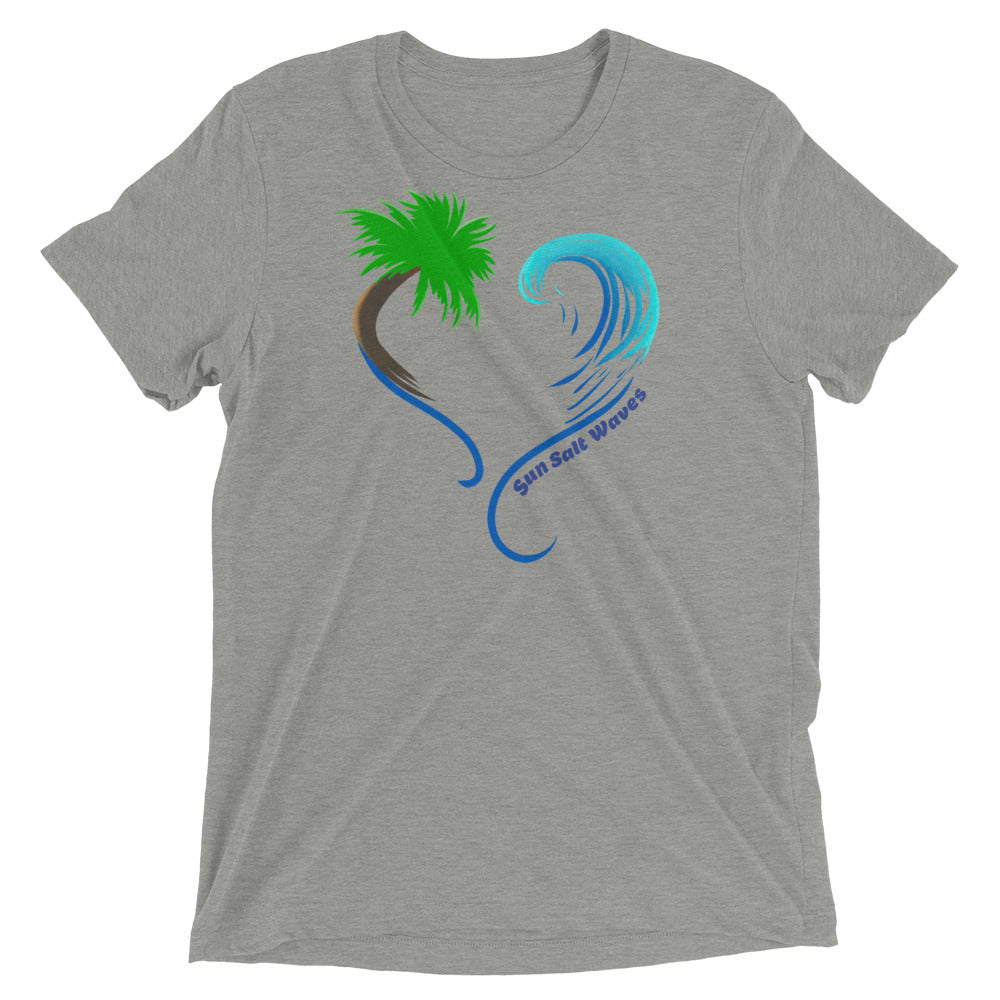 Rising Tides Tee Graphic Heart Shaped Palm and Multicolor Wave Unisex Sun Salt Waves Heather Gray
