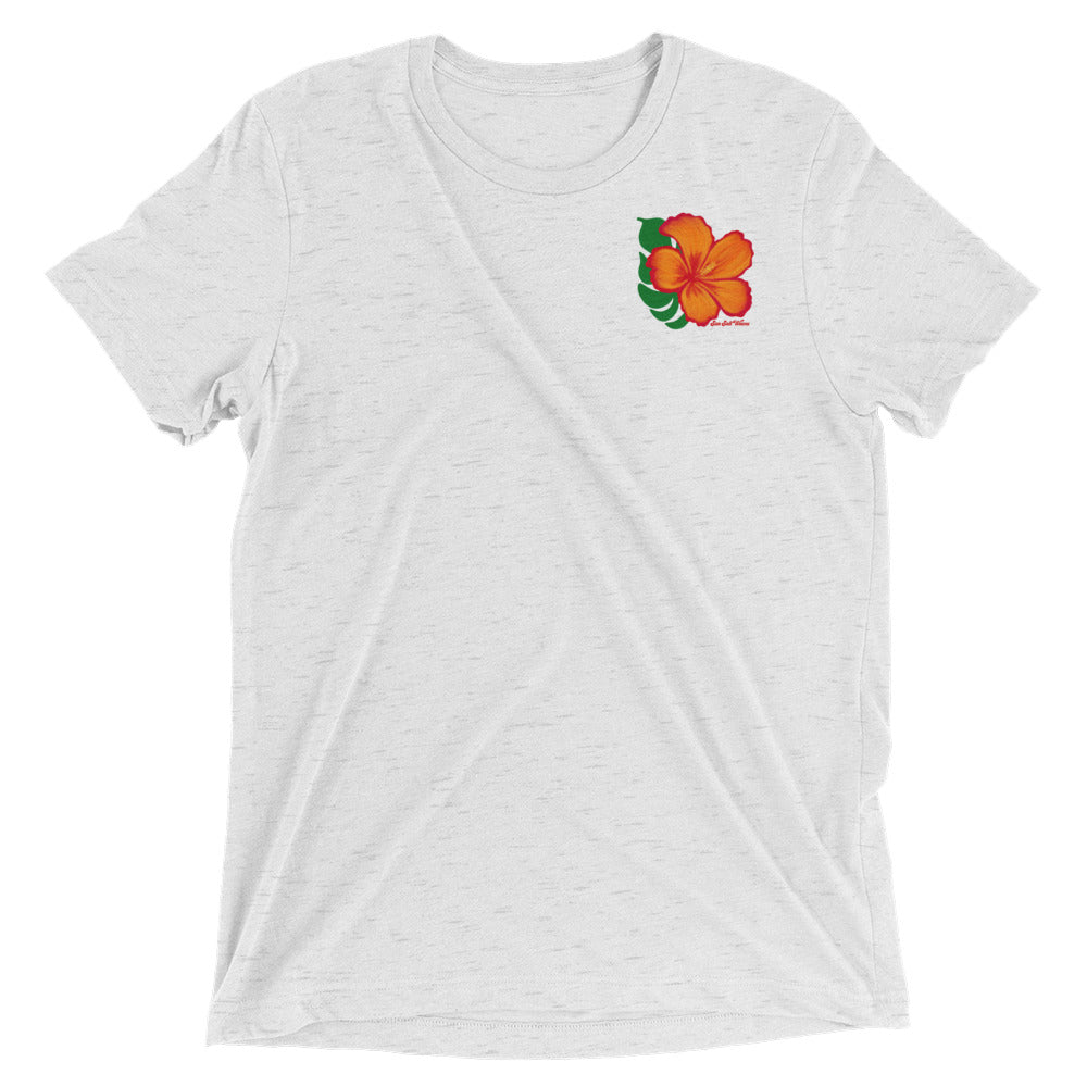 Sun Salt Waves Hibiscus Tee Unisex Graphic Tee Sun Salt Waves Orange Hibiscus, Palm Silhouette, Multicolor Sun and Wave Front and Back Print Men’s Women’s Heather White