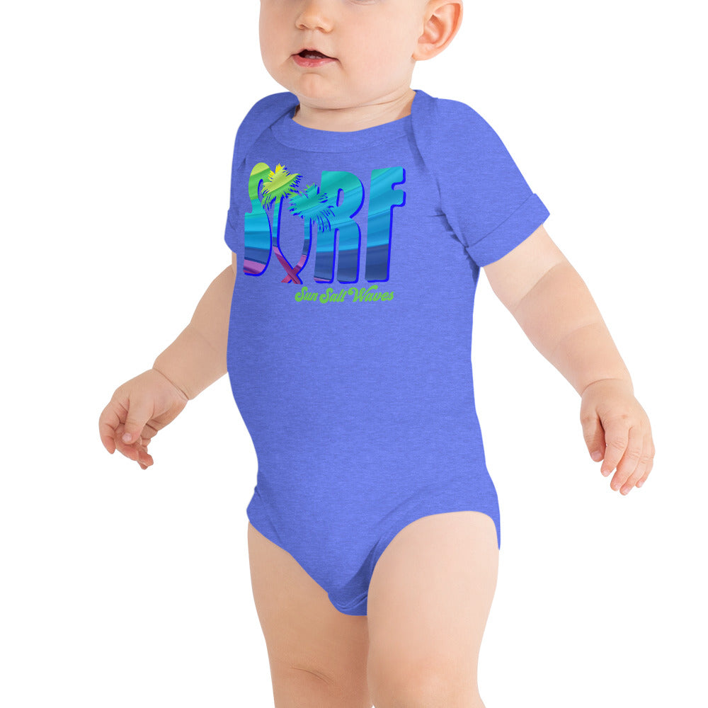 Surf Life Onesie Sun Salt Waves Colorful Typography Palm Tree Blue Onesie on a Baby Model