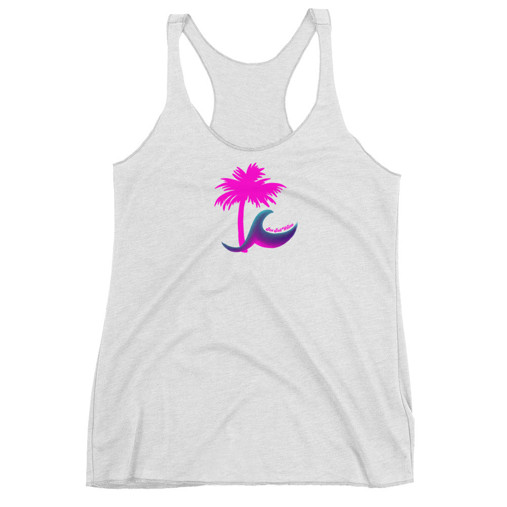 Palm Racerback Tank Hot Pink Paradise Palm and Multicolored Wave White