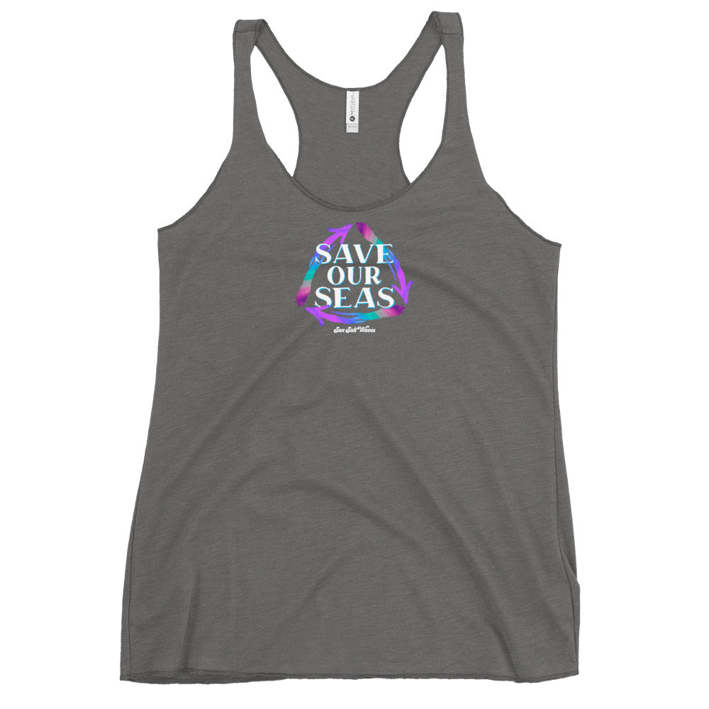 Save Our Seas Racerback Tank from Sun Salt Waves Colorful Recycle Arrows Gray