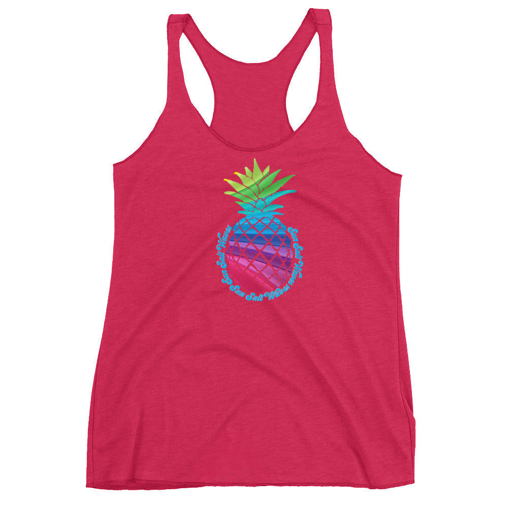 Bay Breeze Racerback Tank Colorful Pineapple Sun Salt Waves Women’s Juniors Athleisure Casual Hot Pink