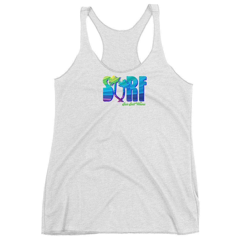 Surf Life Racerback Tank from Sun Salt Waves Colorful Typography and Palm Silhouettes White