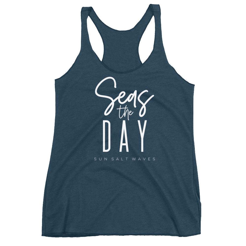 Seas the Day Racerback Tank Graphic Tank Seize the Day Sun Salt Waves Indigo Blue
