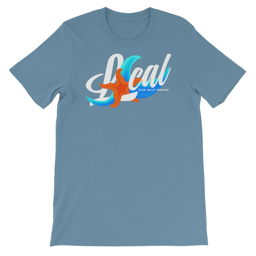 Sea Life ‘Local’ Raw Neck Tee Unisex Graphic Tee Wave Starfish and Local Sun Salt Waves Men’s Women’s Steel Blue