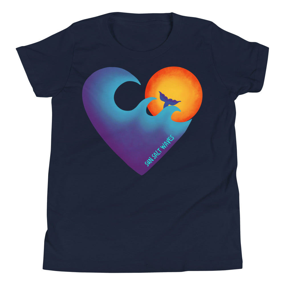 Chase the Sun Youth Tee from Sun Salt Waves hand designed, heart shaped wave, sun and mermaid Navy