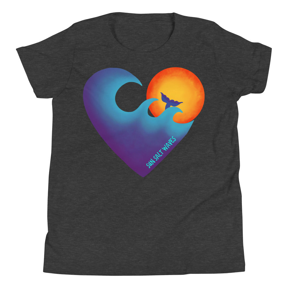 Chase the Sun Youth Tee from Sun Salt Waves hand designed, heart shaped wave, sun and mermaid Heather Charcoal
