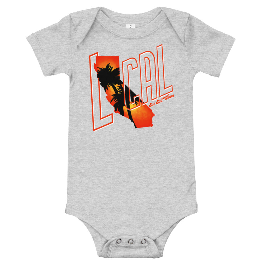 Cali ‘Local’ Onesie from Sun Salt Waves Cali Shaped Sunset Silhouette with Palms Silhouettes Heather Gray Baby Infants Boys Girls Unisex