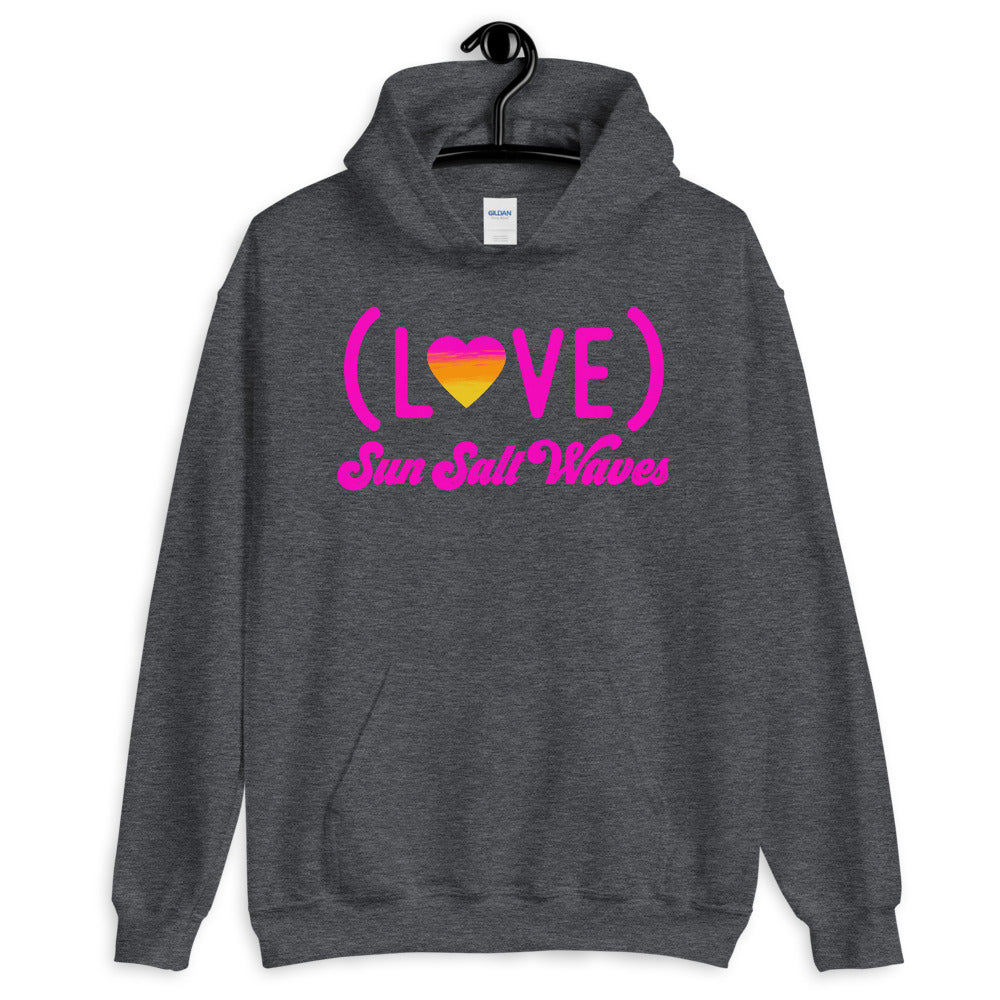 Sun Salt Waves Love Life White Hoodie Unisex Men’s Women’s Graphic Love With Heart in Sunset Colors Heather