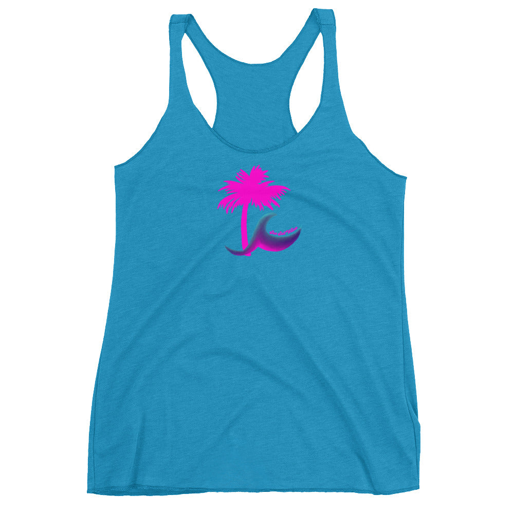 Paradise Palm Racerback Tank Hot Pink Palm and Multicolored Wave Turquoise