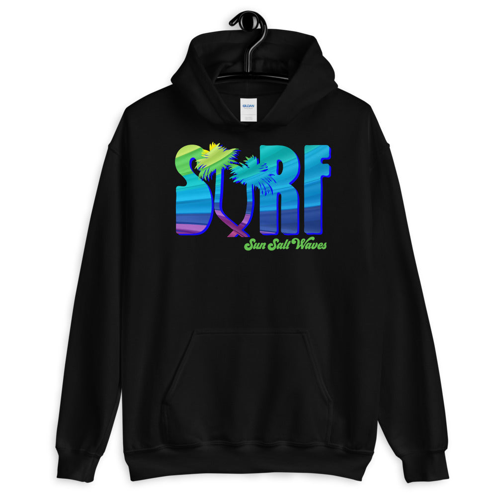 Surf Life Hoodie from Sun Salt Waves Colorful Typography and Palms Black