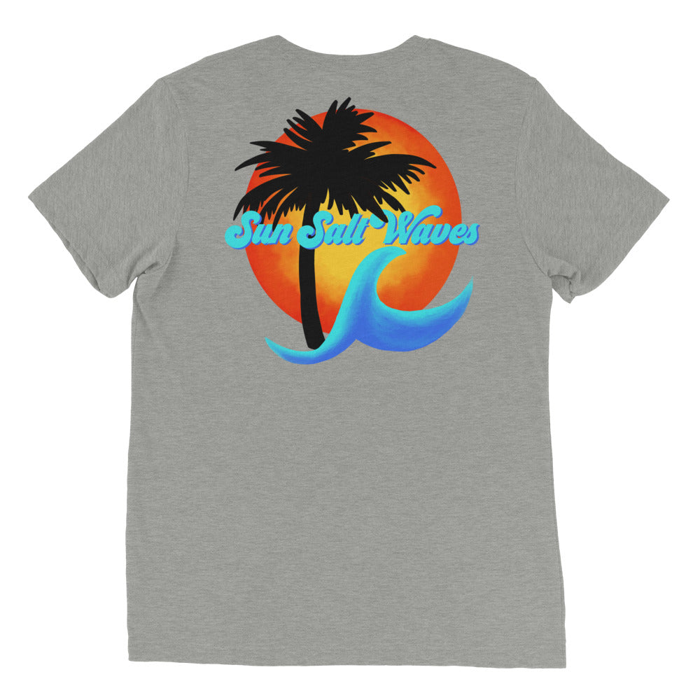 Sun Salt Waves Hibiscus Tee Unisex Graphic Tee Sun Salt Waves Orange Hibiscus, Palm Silhouette, Multicolor Sun and Wave Front and Back Print Men’s Women’s Heather Gray 