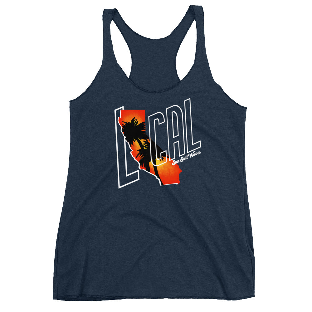 Cali ‘Local’ Racerback Tank Women Junior California Silhouette with Sunset and Palm Silhouette Navy Athleisure