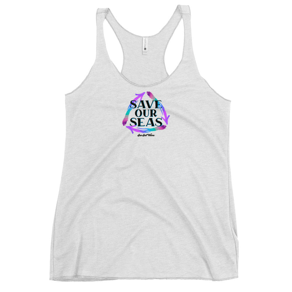 Save Our Seas Racerback Tank from Sun Salt Waves Colorful Recycle Arrows White