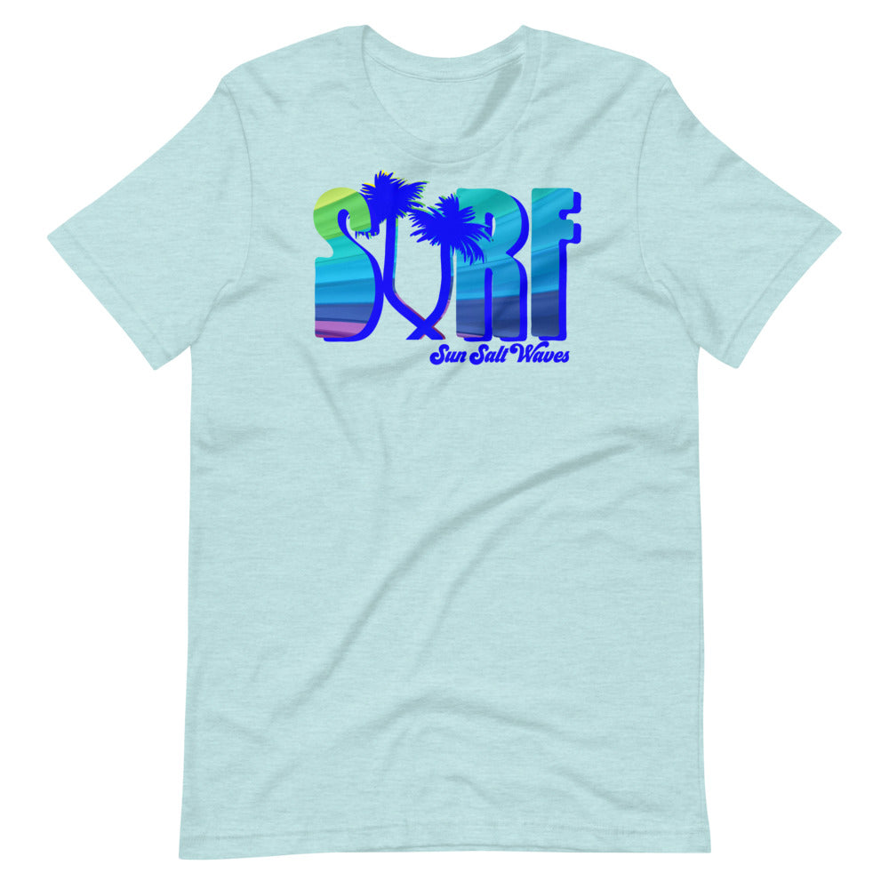 Surf Life Tee from Sun Salt Waves Colorful Typography with Palm Tree Silhouettes Prism Ice Blue