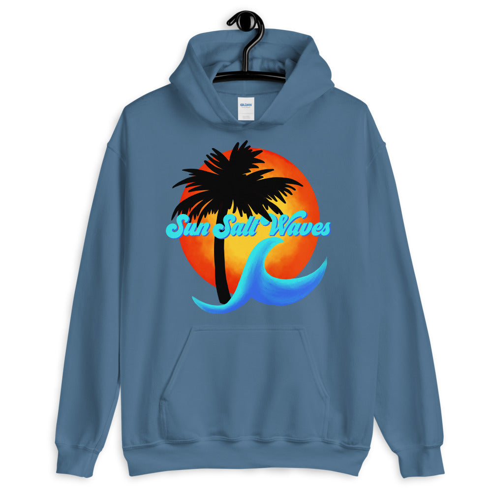Sun Salt Waves Hoodie Unisex Graphic Local with Multi Color Wave and Sun and Palm Silhouette