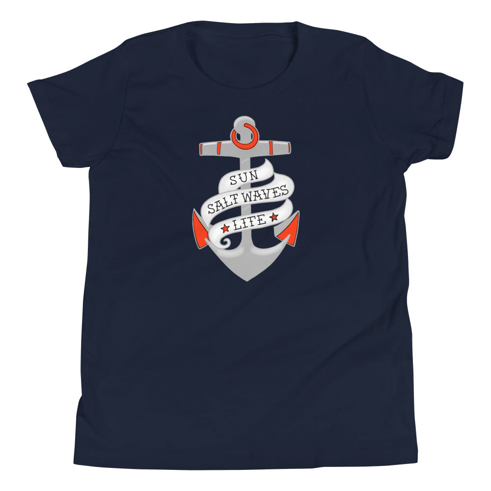 Sink or Swim Youth Tee from Sun Salt Waves vintage style, nautical anchor with a banner that reads Sun Salt Waves Life Navy