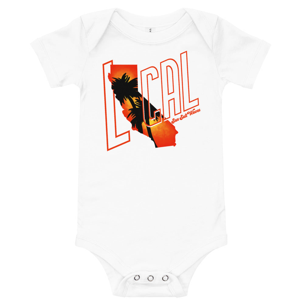 Cali ‘Local’ Onesie from Sun Salt Waves Cali Shaped Sunset Silhouette with Palms Silhouettes White Baby Infants Girls Boys Unisex