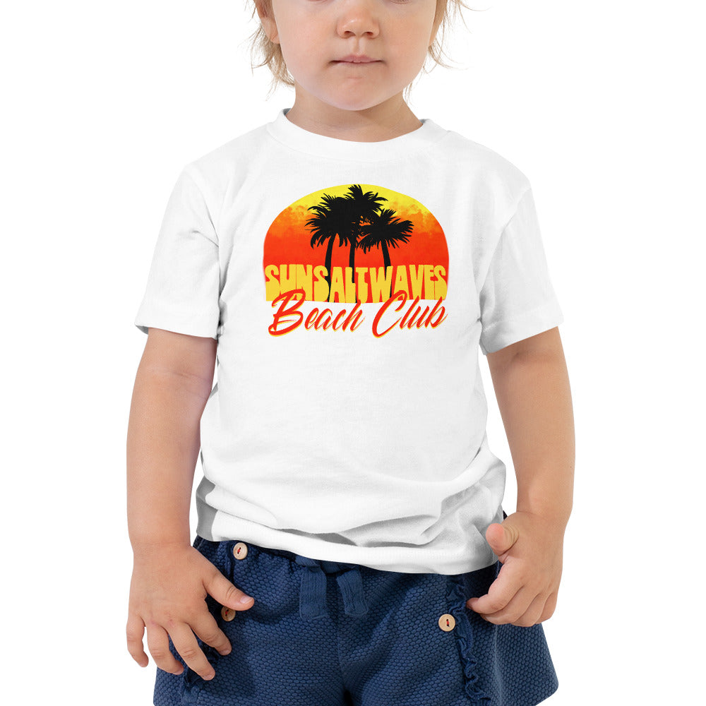 Beach Club Toddler Tee from Sun Salt Waves Sunset Palms Baby Girl Model