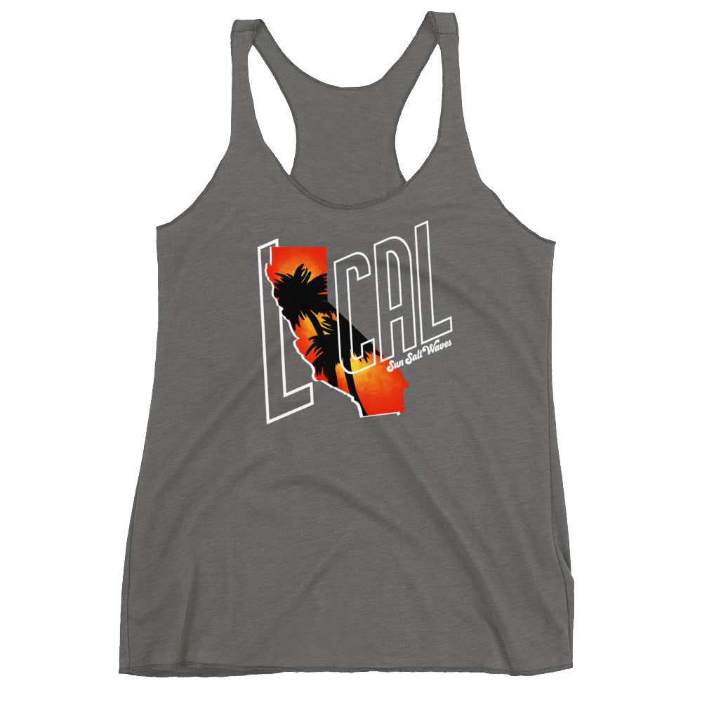 Cali ‘Local’ Racerback Tank Women Junior California Silhouette with Sunset and Palm Silhouette Gray Athleisure