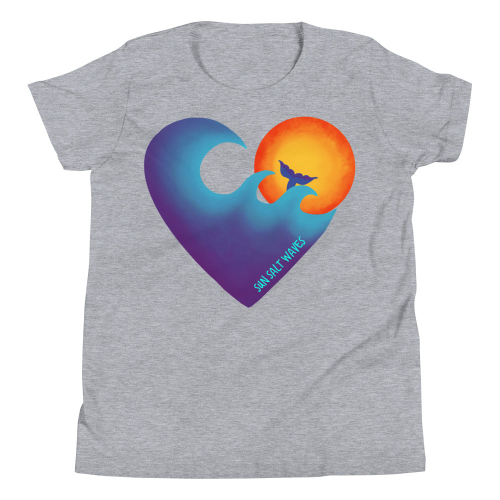 Chase the Sun Youth Tee from Sun Salt Waves hand designed, heart shaped wave, sun and mermaid Heather Gray